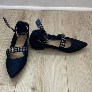 Blue pointed toe Marc Fisher flats with ankle strap and silver hardware